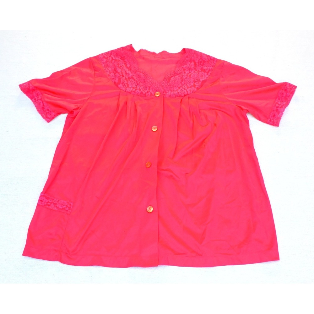 Vintage 70s Womens Pajama Top Red Lace Yoke Button Up Swing Cut Short Sleeve